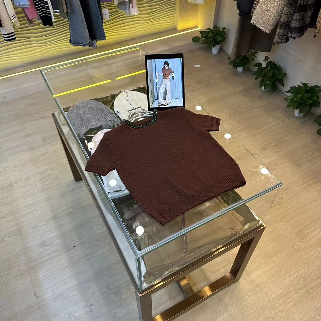 A604【P】高版本25n刺绣厚款短袖圆领钉钻毛针织衫奢侈经典毛衣