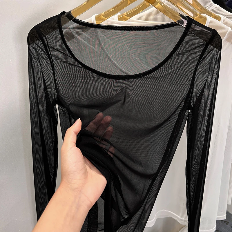 黑色冰丝透视网纱打底衫女款薄纱内搭大领口防晒罩衫新款长袖上衣