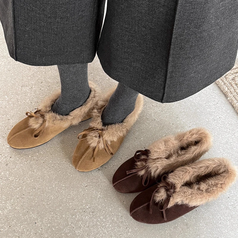圆头加绒毛毛鞋女2025平底蝴蝶结保暖一脚蹬毛绒女鞋单鞋棉鞋女