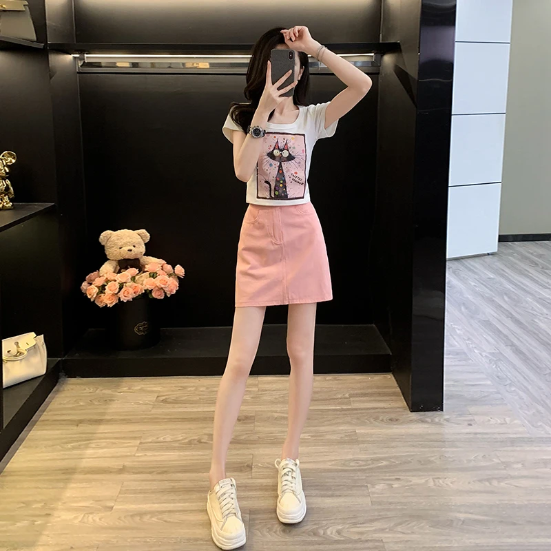 夏日穿搭盐系休闲牛仔套装裙女夏减龄小个子印花T恤半身裙两件套