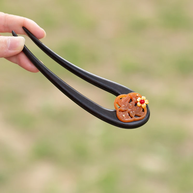 双面【金丝玉】高级感发簪旗袍盘发钗新中式古风气质黑檀木簪子女