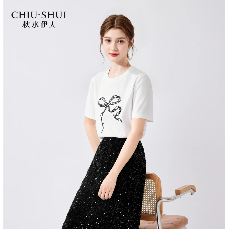 【陈大可】秋水伊人简约休闲正肩撞色T恤2024年夏季新款蝴蝶结绣花