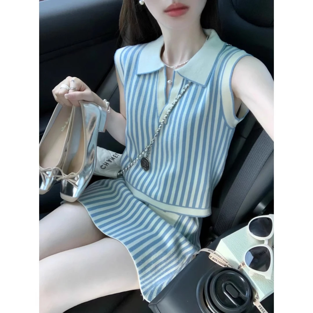 哥弟阿玛施正品2025夏季新款复古POLO领条纹T恤显瘦半身裙两件套