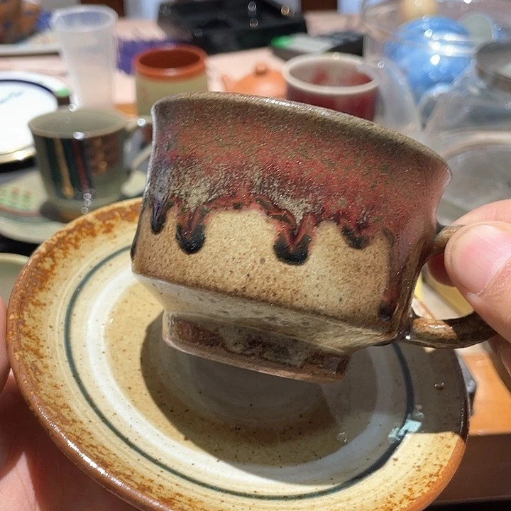 紫砂2粗陶手捏胎溜釉窑变红咖啡套