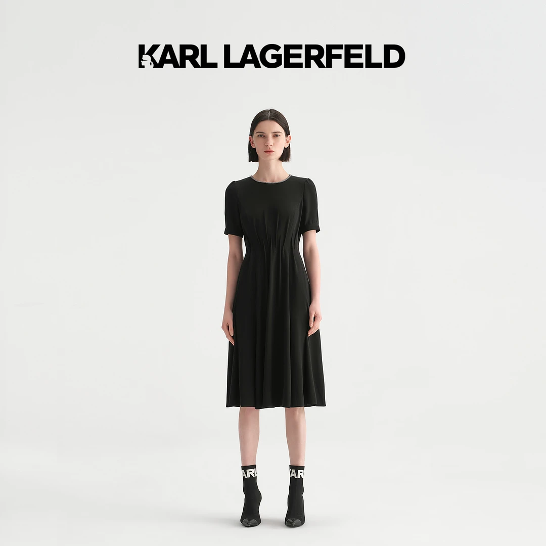 KARL LAGERFELD夏新款金色链边百褶裙老佛爷231L1397
