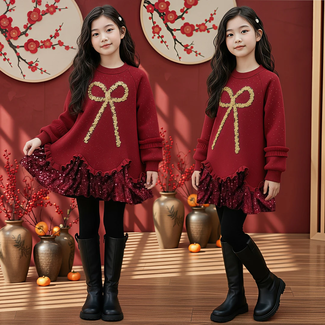 女童年服红色过年裙子加绒卫衣公主裙冬季洋气本命年连衣裙拜年服