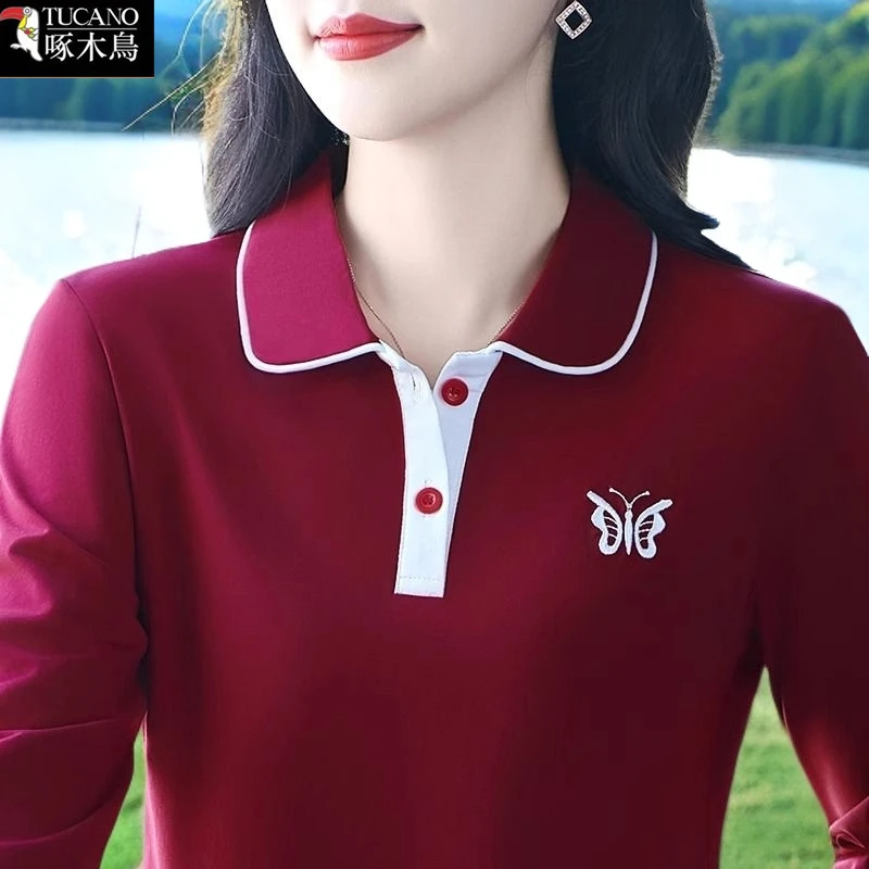 啄木鸟正品新款通勤刺绣打底上衣女春秋长袖翻领时尚气质百搭T恤