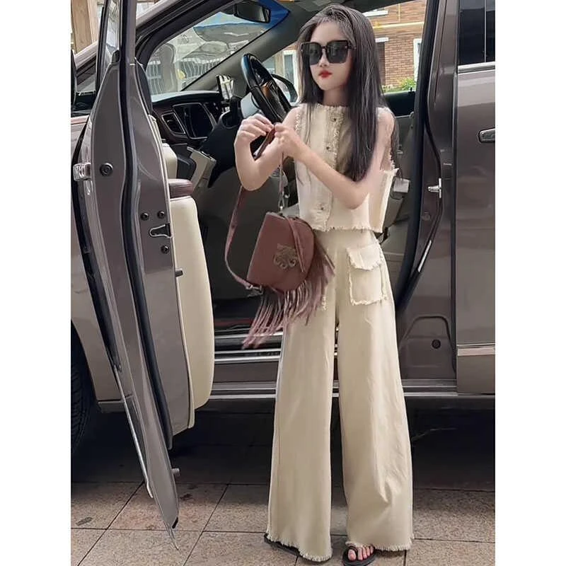 夏季新款毛边套装个性潮流韩范休闲裤子设计上衣百搭宽松棉麻套装