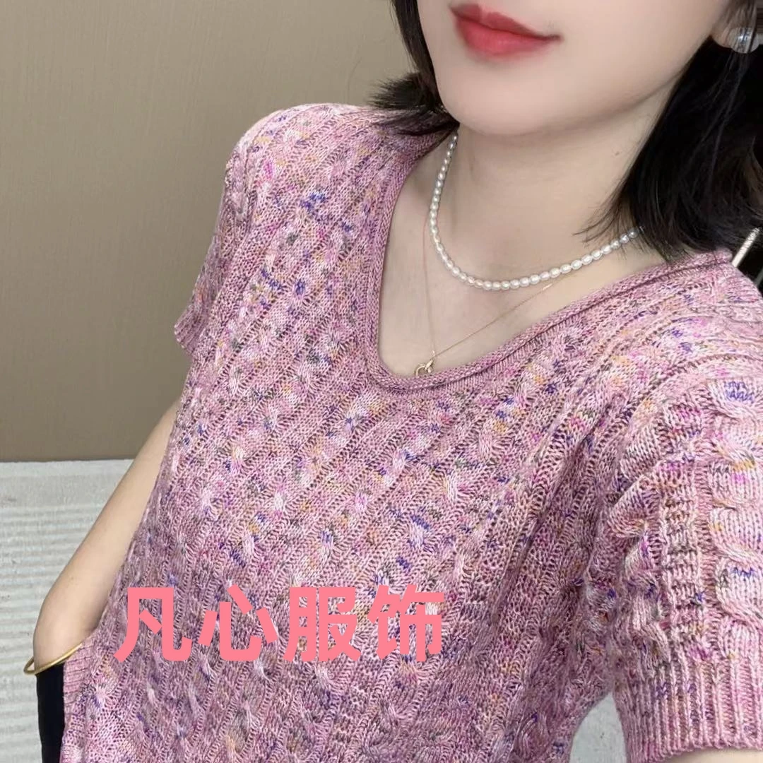 【卷边领星空短袖】韩版宽松显瘦麻花针织上衣显白卷边桃心领