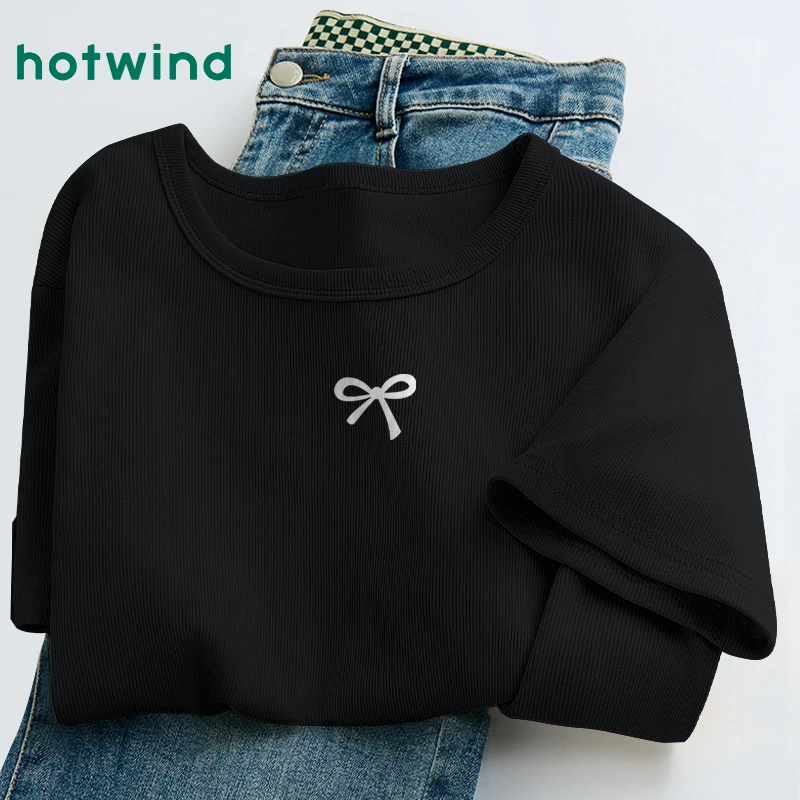Hotwind/热风黑色短袖t恤女2025新款高弹力修身显瘦女装针织上衣