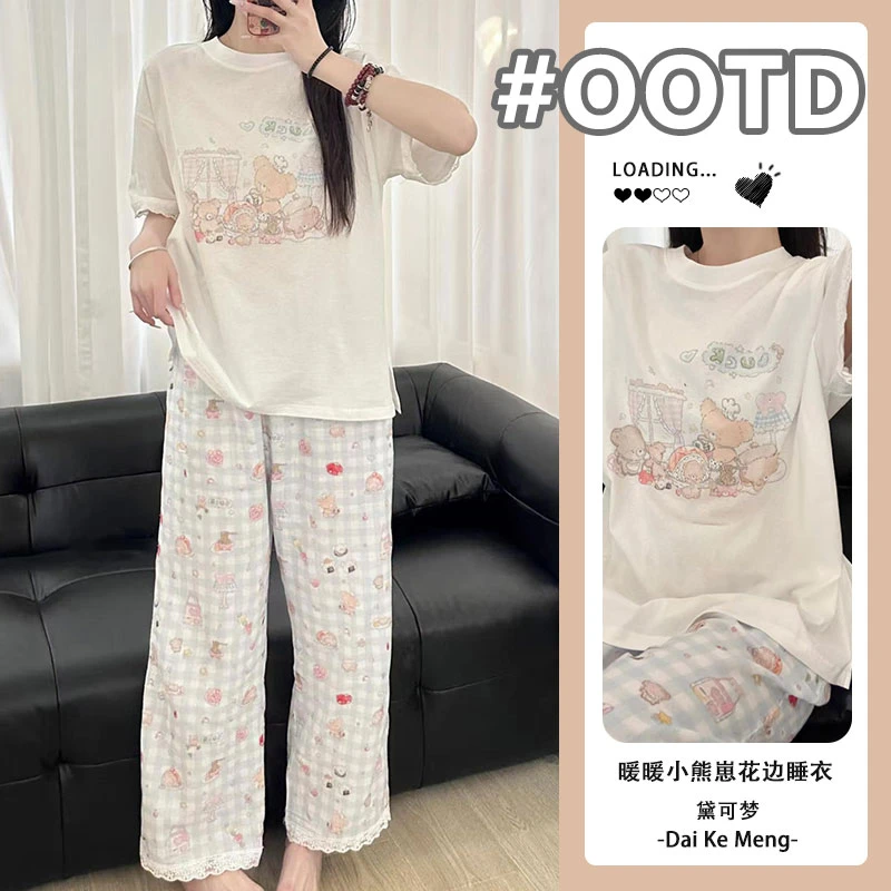 休闲可爱少女蕾丝花边睡衣套装女士可外穿小熊印花短袖长裤家居服