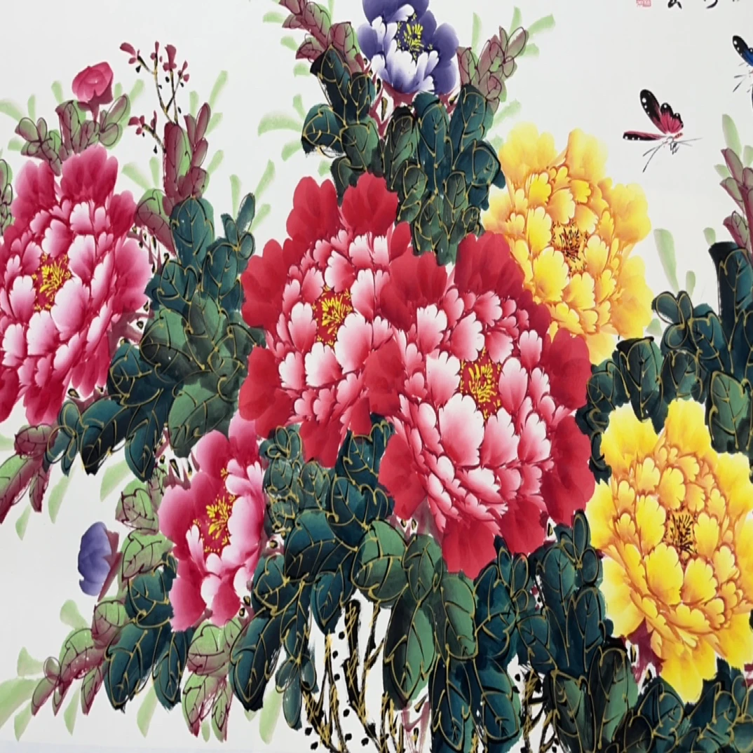 纯手绘花开富贵牡丹图宣纸画芯180×70cm未装裱