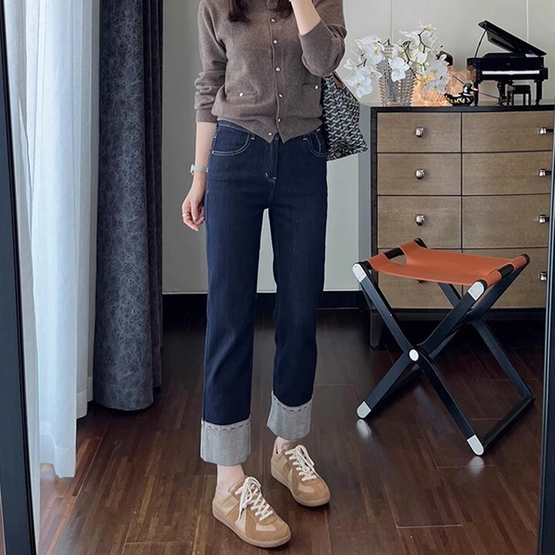 深蓝色直筒牛仔裤女春季新款胖mm梨形身材显瘦弹力卷边九分烟管裤