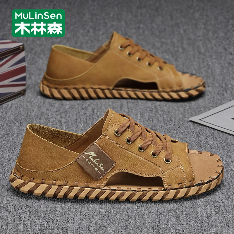 木林森男士沙滩鞋2025新款夏季涉水洞洞鞋户外防滑耐磨皮凉鞋男款