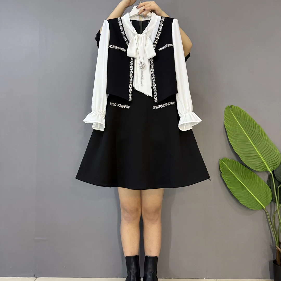 早春新款时尚气质领带结重工假两件显瘦连衣裙