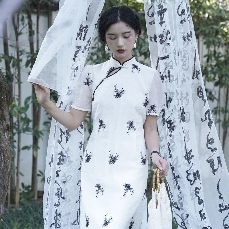 商场同款/百武西中式绣花旗袍连衣裙1285