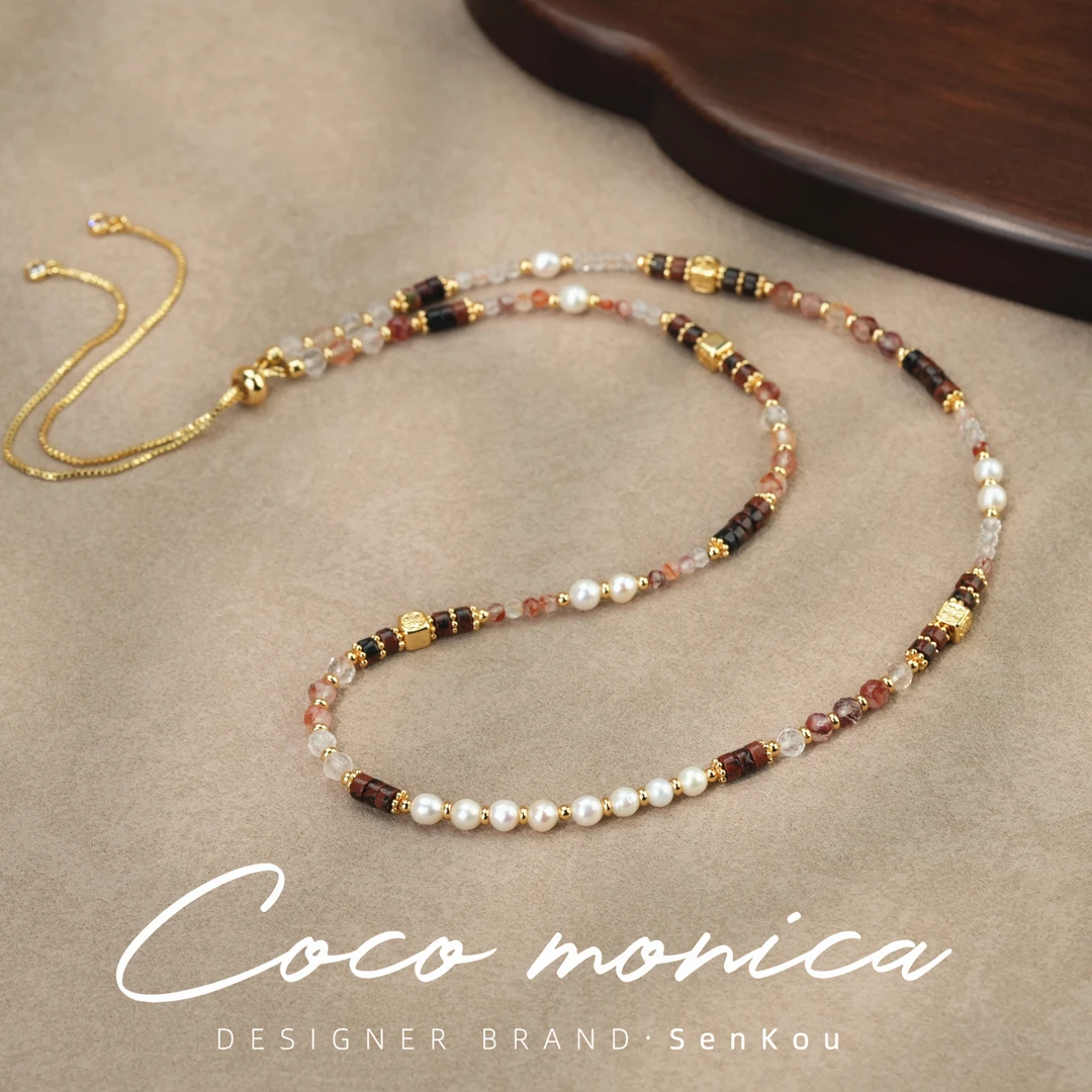 【小霞珠宝】红胶花项链珍珠手工复古仙女五彩坠链 AE957