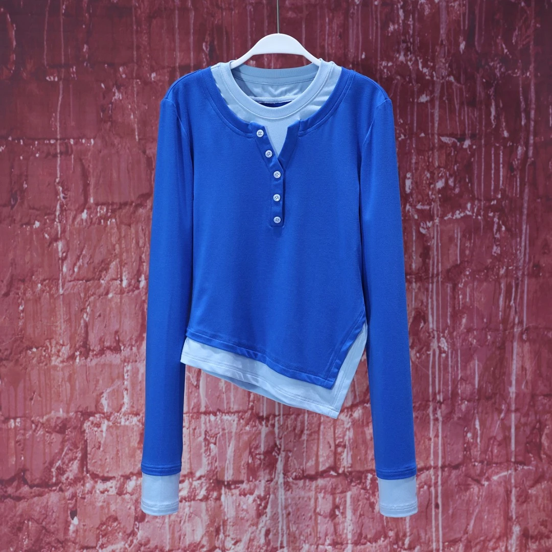 【程二女装】设计师款宝蓝色撞色拼接修身上衣6627