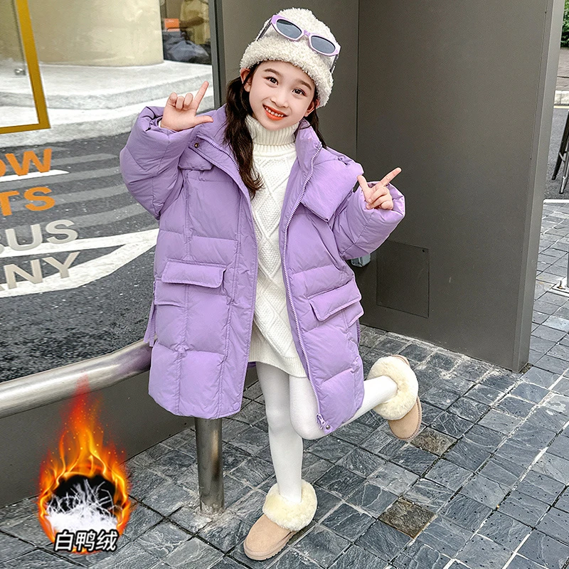 冬季儿童长款羽绒服新款时尚连帽羽绒外套小女孩过年冬装加厚棉衣
