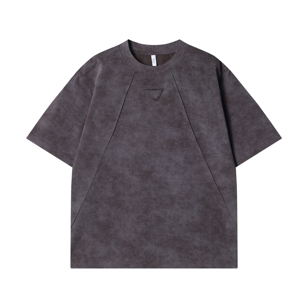 早春新款时尚个性韩版扎染倒三角褶皱圆领半袖T恤潮流百搭上衣