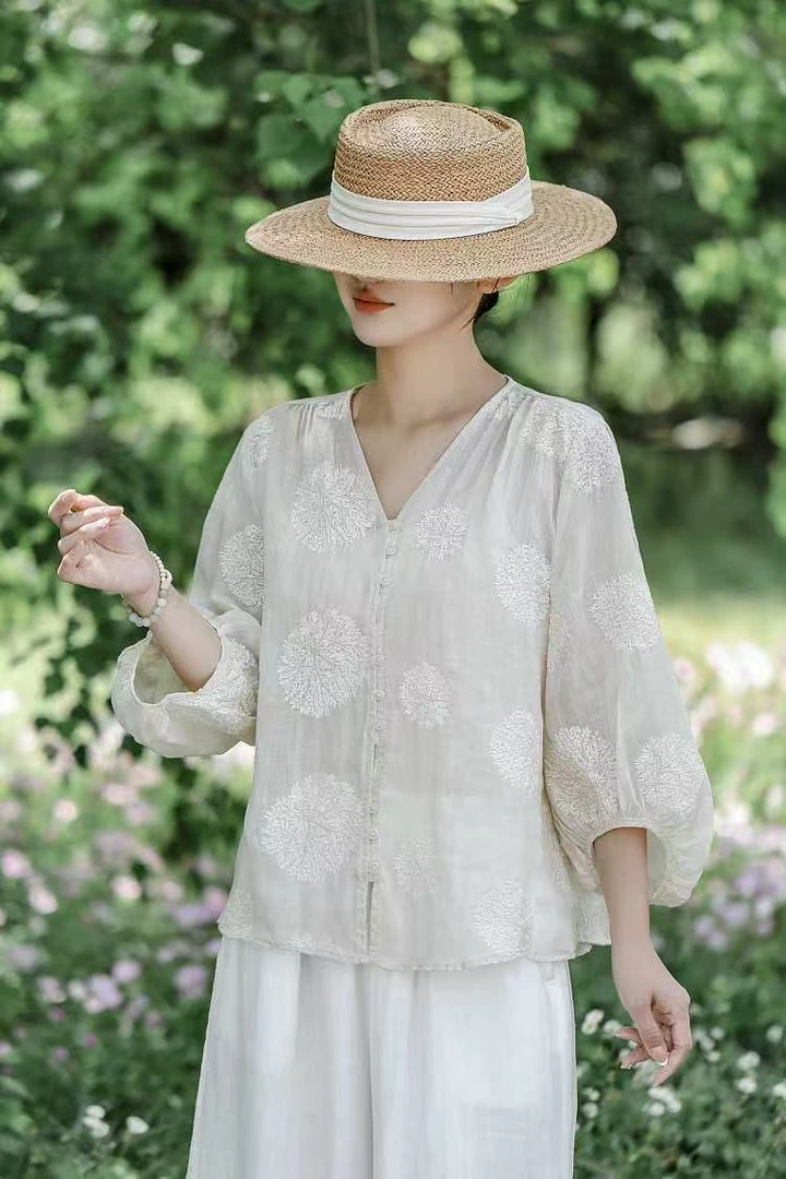 苎麻刺绣提花百搭夏季上衣薄款长袖衬衫七分袖绣花9363