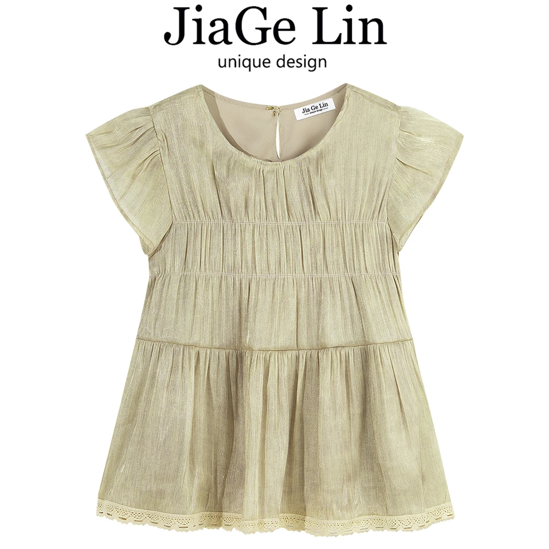 JiaGeLin法式时尚百搭简约蕾丝拼接衬衫女夏季洋气减龄娃娃衫上衣