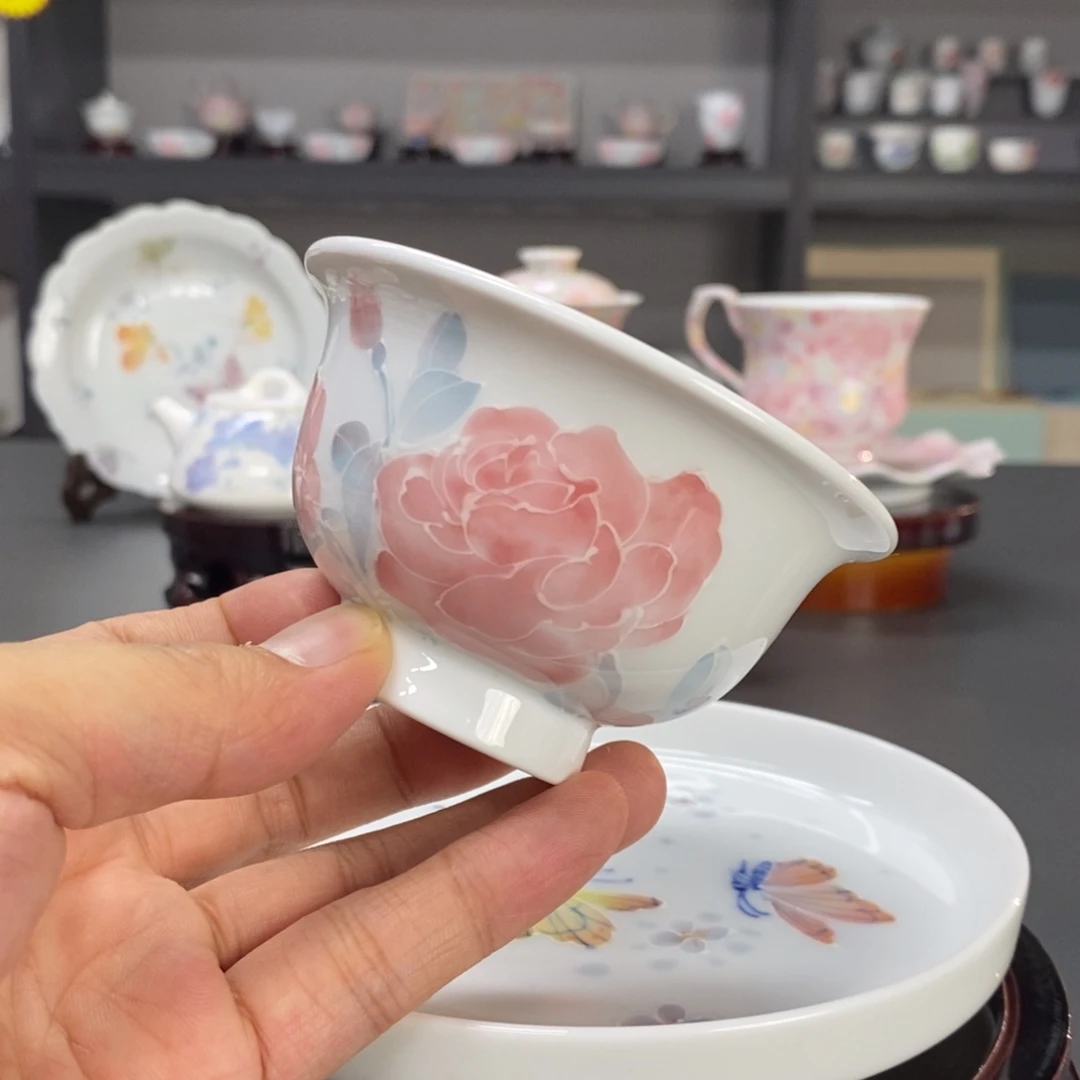 玫瑰花品茗杯手绘釉下高温
