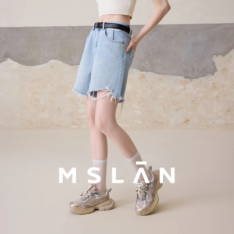 MSLAN【100%棉】时尚毛边短裤直筒宽松显瘦五分裤牛仔裤女 MFBE6113