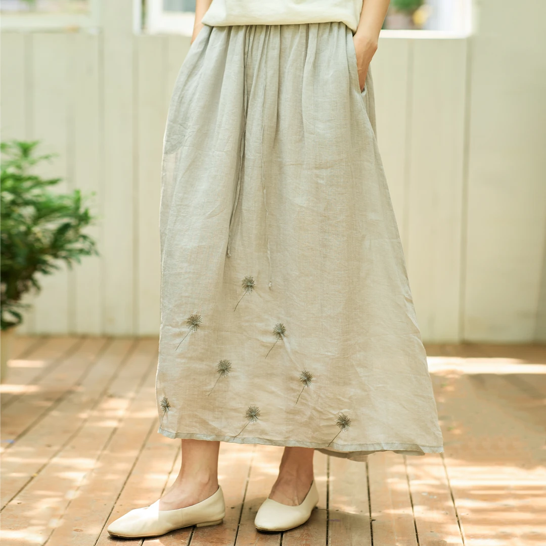 无色无味夏季新款文艺苎麻半身裙女显瘦高腰长裙系带宽松裙子