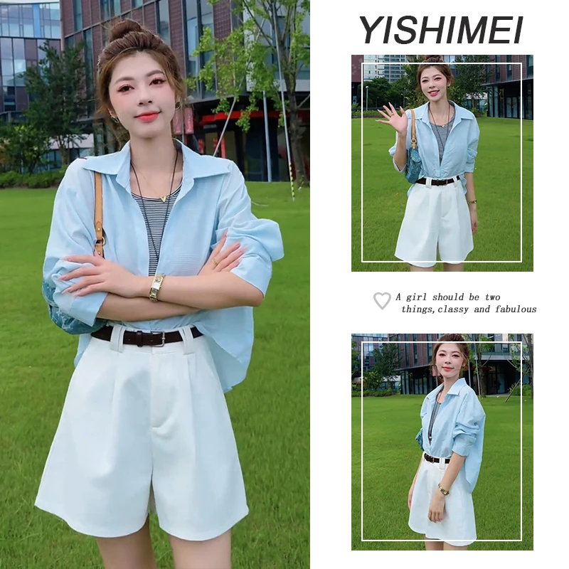 早秋温柔穿搭2025年新款爆款简约百搭长袖衬衫高腰短裤两件套装