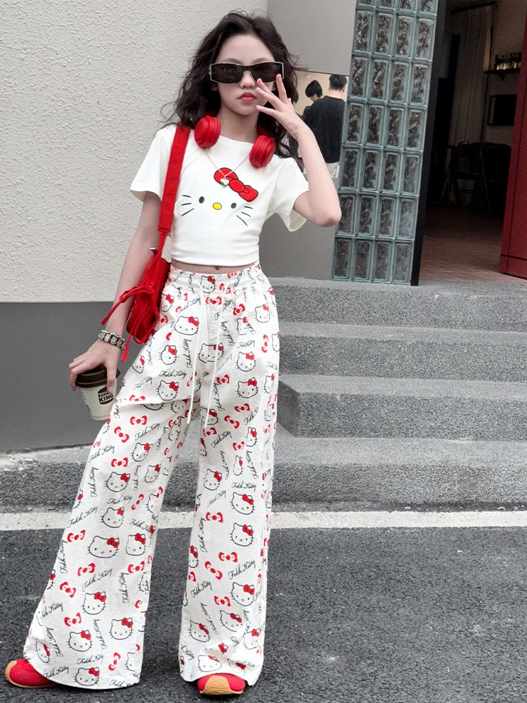 夏季女大童卡通猫咪套装2025新款洋气潮酷女童上衣阔腿裤两件套