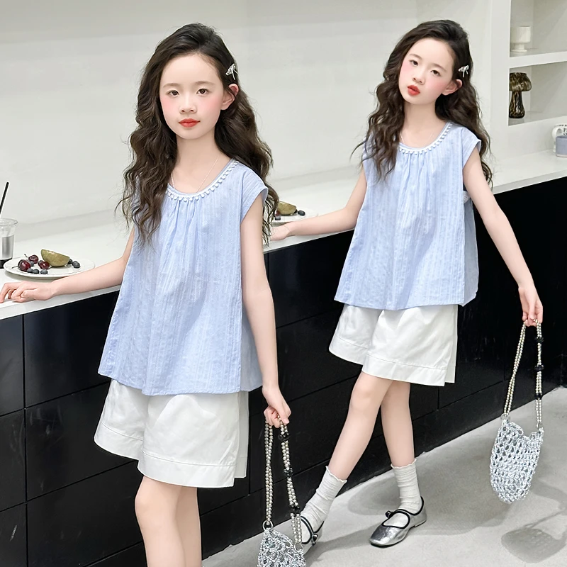 2025韩系女童无袖棉布短裤套装中大童宽松小清新舒适百搭个性时尚
