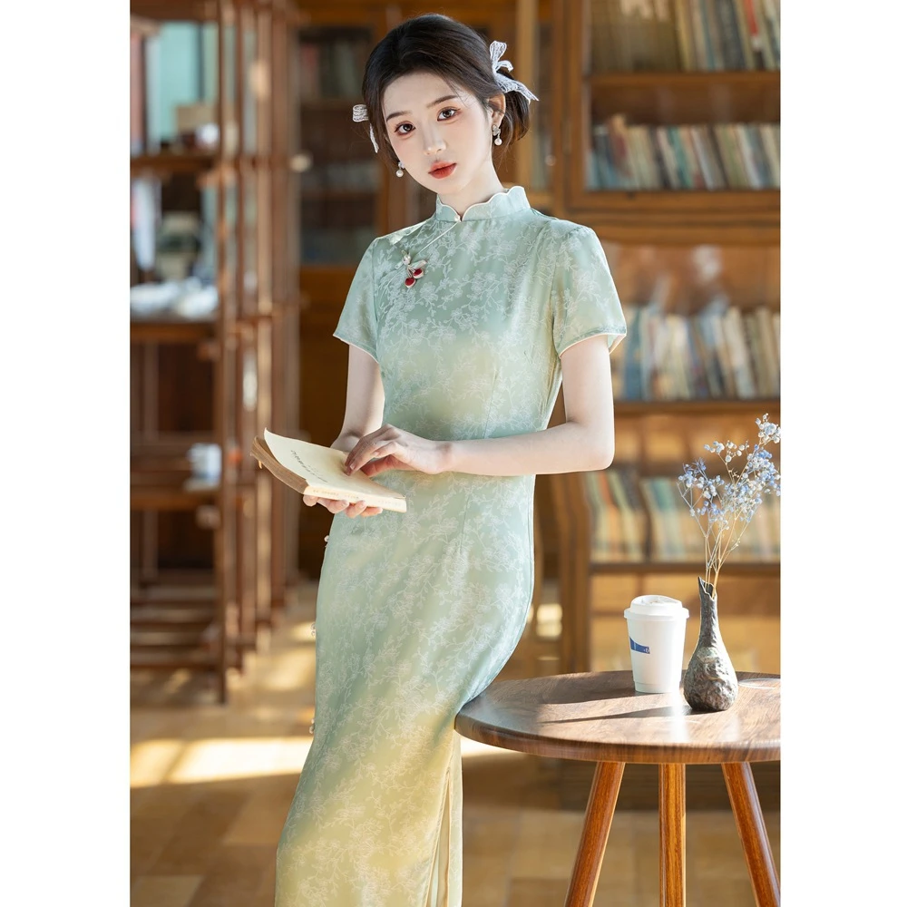 高级感春夏新款少女旗袍改良复古民国旗袍长款连衣裙绿色