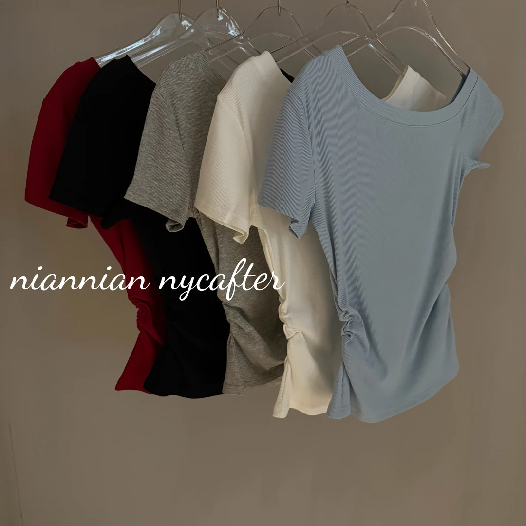 6072侧褶皱斜肩短袖弹力T恤iu2109