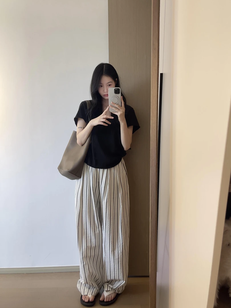 显瘦上衣女夏季短袖T恤女高级感宽松休闲高腰条纹阔腿裤时尚套装