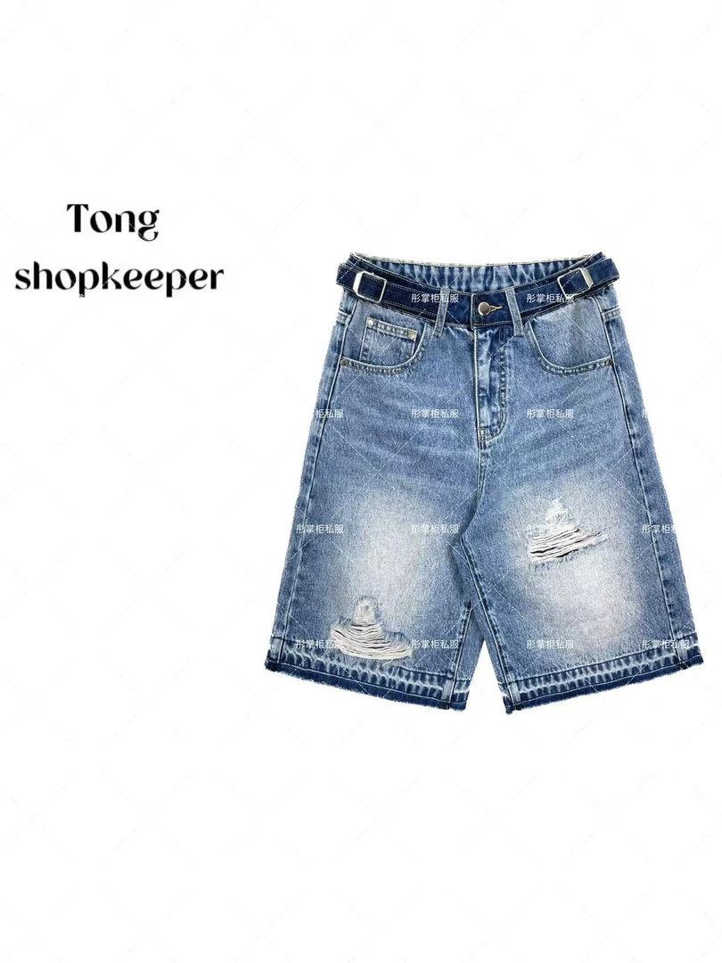 QJ/彤掌柜1681942 夏季2025水洗做旧破洞时尚腰头扣设计牛仔短裤