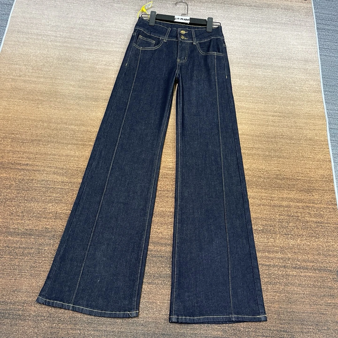 C11-M3825新款 丹宁蓝美式2扣拼接不贴腿喇叭裤 高棉高弹（不换退）