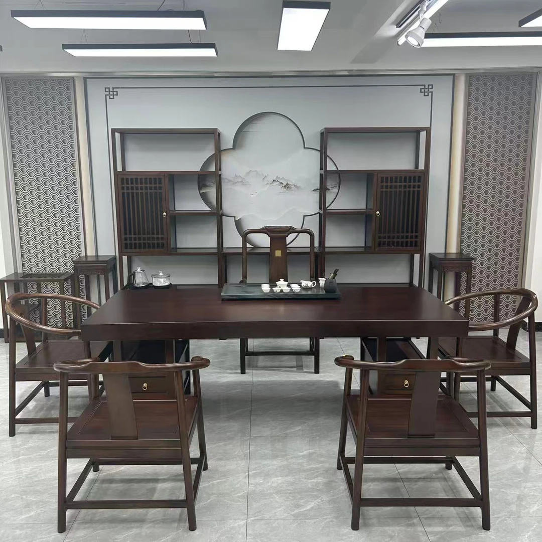 乌金加厚10cm大板茶桌椅组合新中式功夫茶台大板茶桌实木茶桌组合