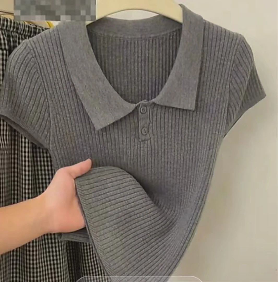 简约polo领夏季新款冰丝短袖针织衫时尚韩版显瘦百搭短款T恤小衫