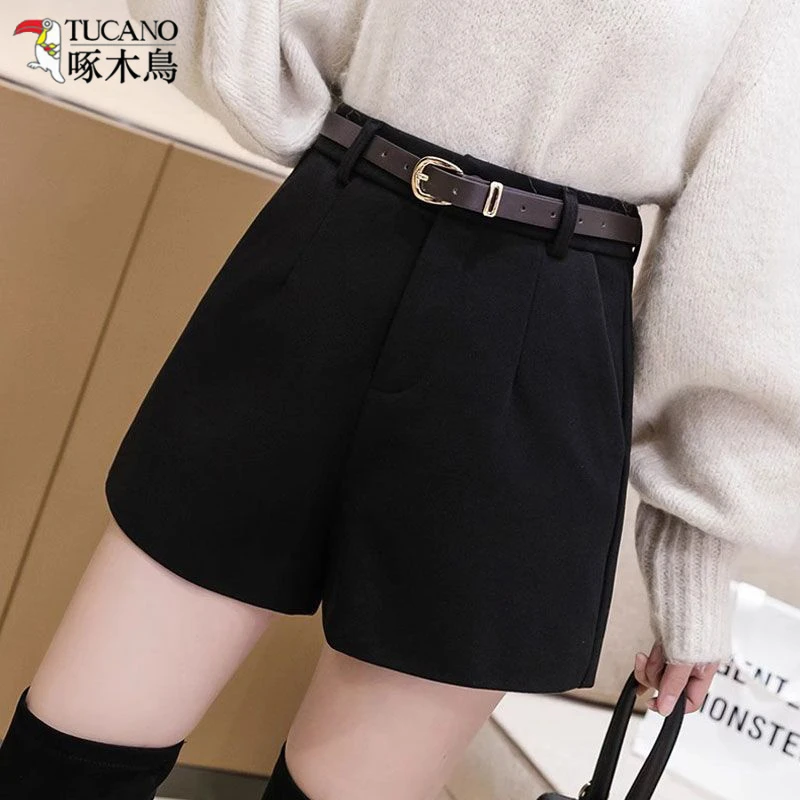 TUCANO/啄木鳥毛呢裤子秋冬女装黑色厚款短裤高腰阔腿裤外穿靴裤