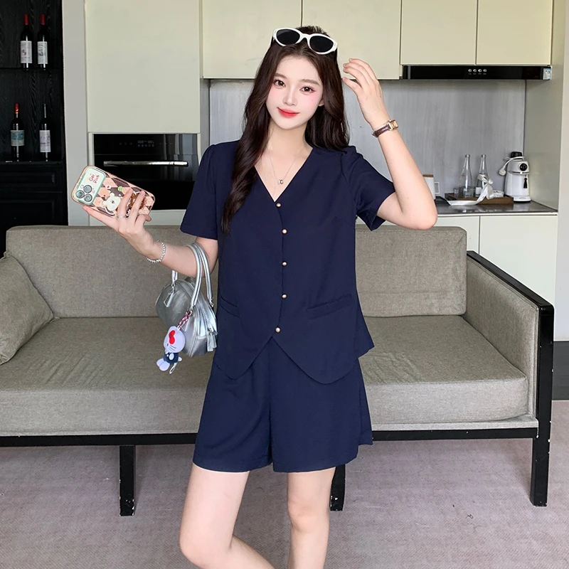 MZ049大码2025夏装新款胖mm气质不规则短袖短裤西装套装