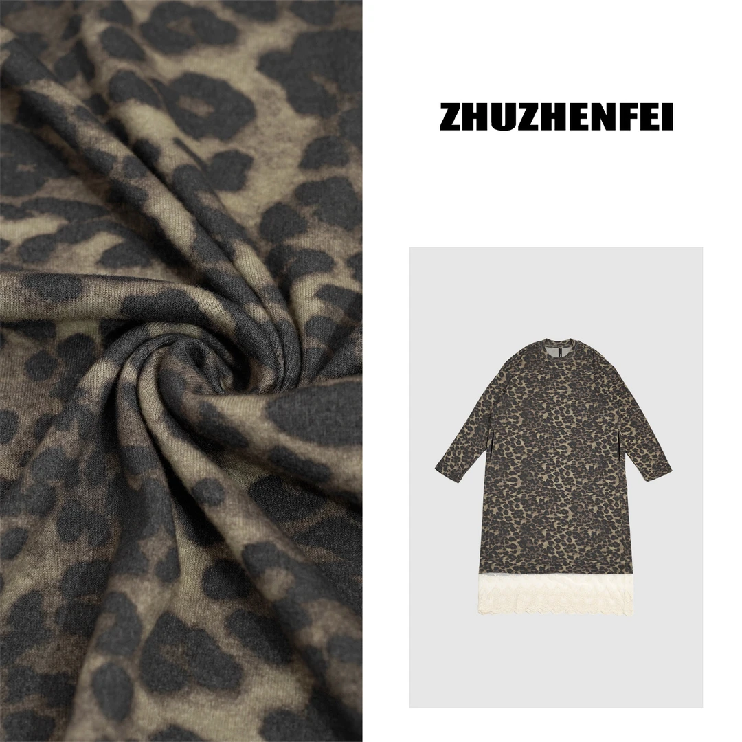 设计师原创新款潮流复古高级宽松百搭豹纹蕾丝长袖连衣裙Z351024