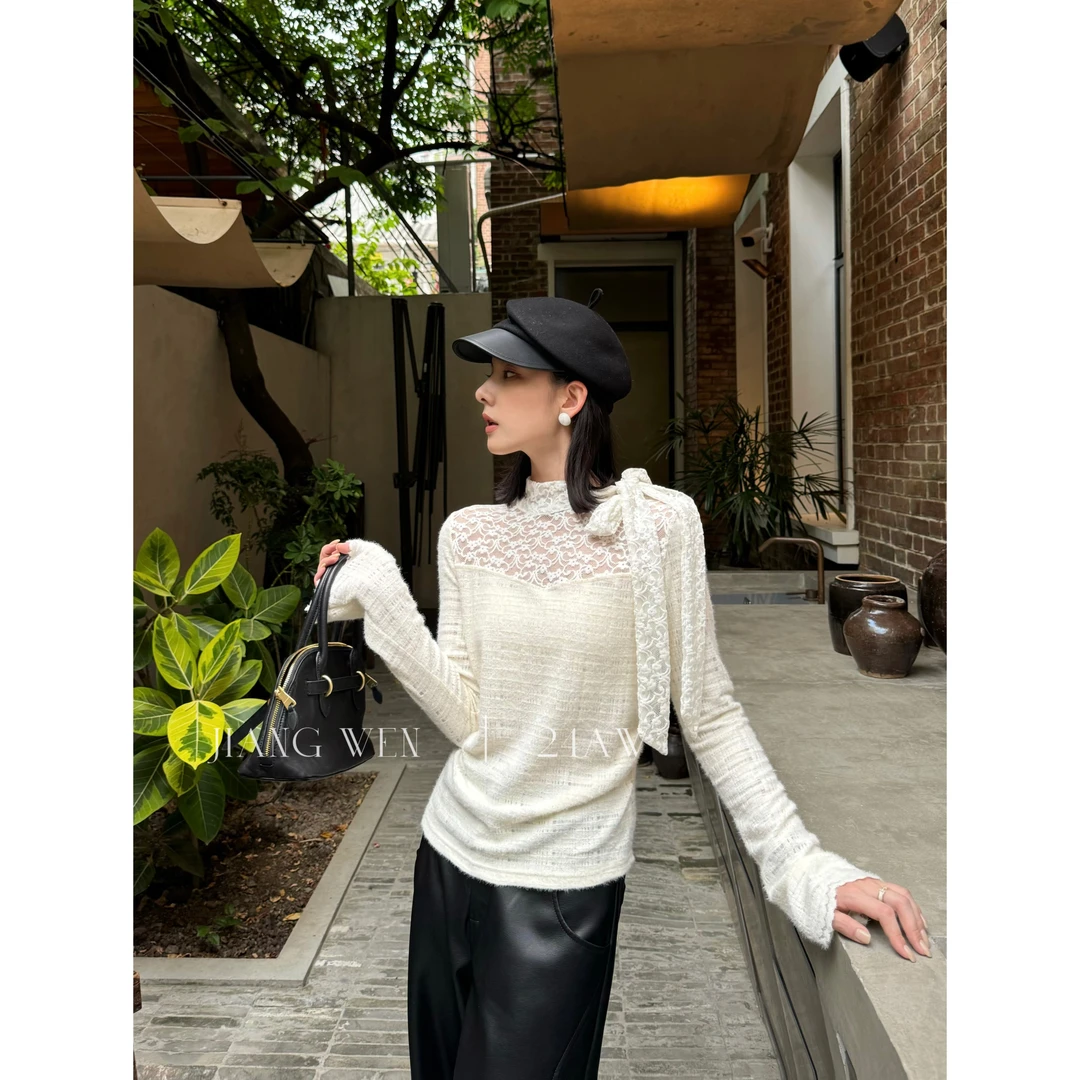 UKILAU【格蕾丝】白色蕾丝蝴蝶结chic设计打底衫