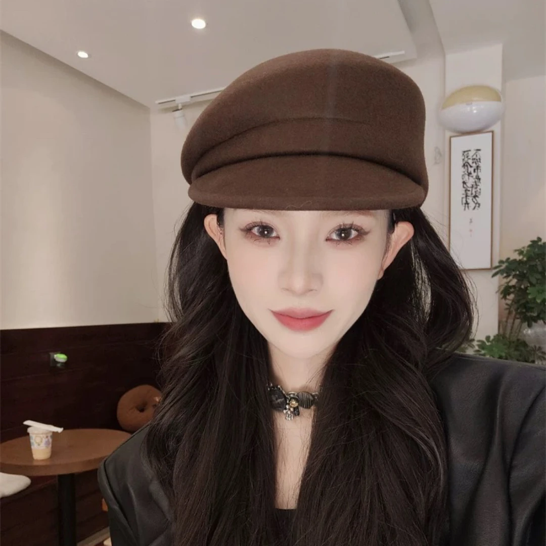 网红压褶羊毛报童帽鸭舌帽女秋冬复古百搭骑士帽日系马术帽子