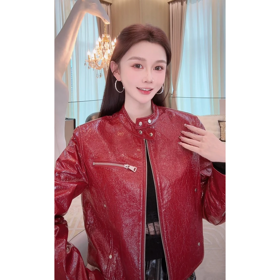 AZZHEN【超A御姐】御姐百搭水晶山羊皮油蜡皮外套真皮AZ4KSW24-皮衣