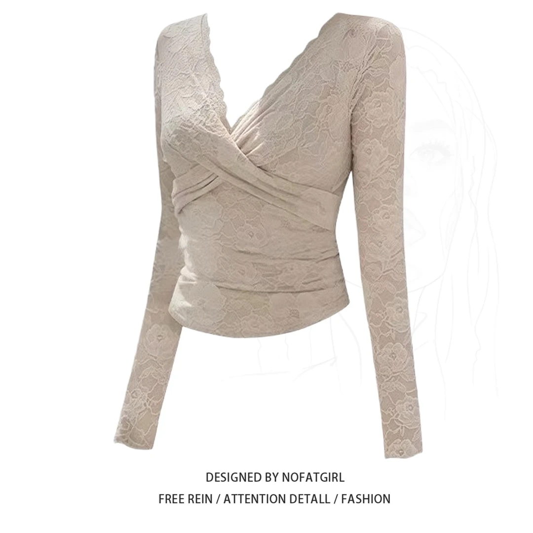 大码胖MM纯欲风蕾丝V领长袖打底衫女秋冬新款加绒内搭针织衫上衣