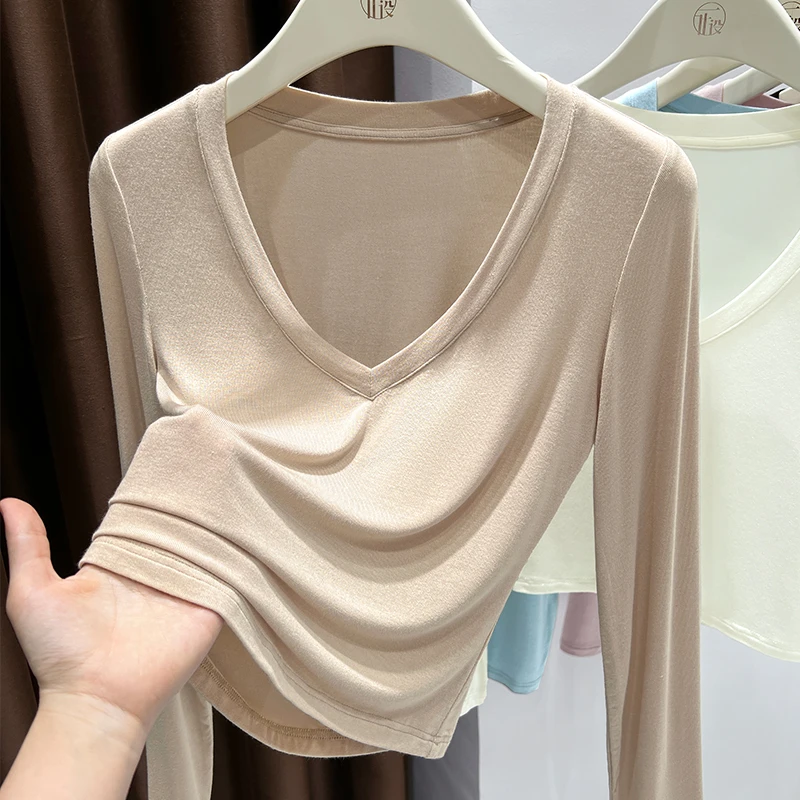 低V领长袖打底衫女秋季2025新款修身内搭显瘦T恤短款正肩上衣潮