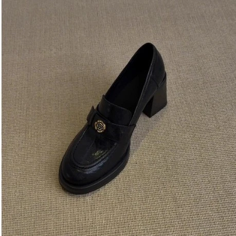 7.5cm跟高乐福鞋女粗高跟单鞋鞋子女款爆复古软增高粗跟真皮乐福