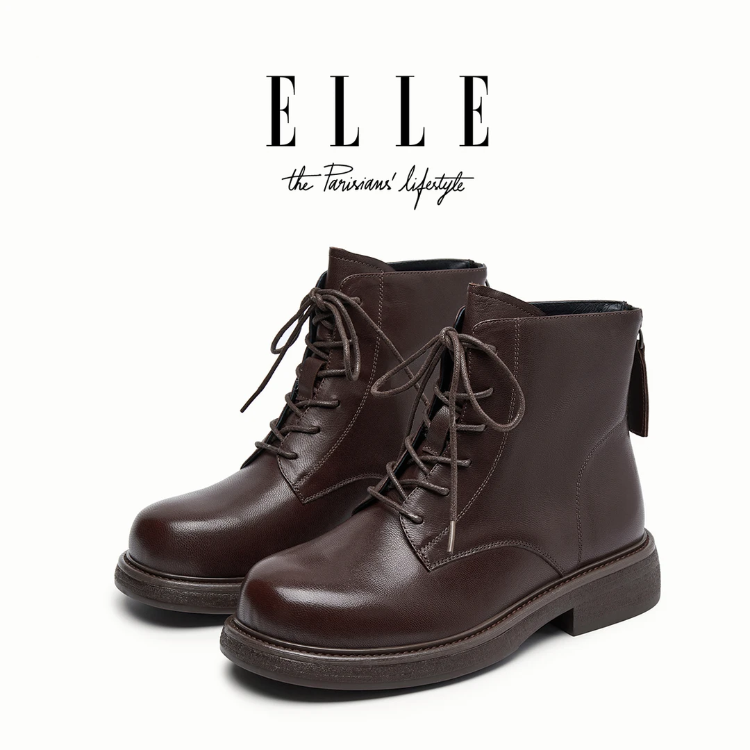 ELLE显脚小马丁靴女2025新款厚底英伦风瘦瘦靴复古后拉链系带短靴