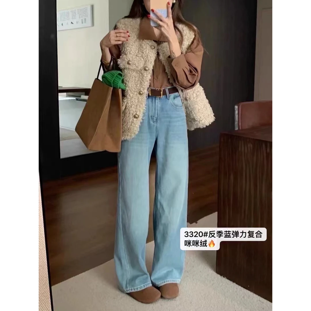 Miss na 3320 韩系弹力反季蓝密密绒直筒阔腿牛仔裤